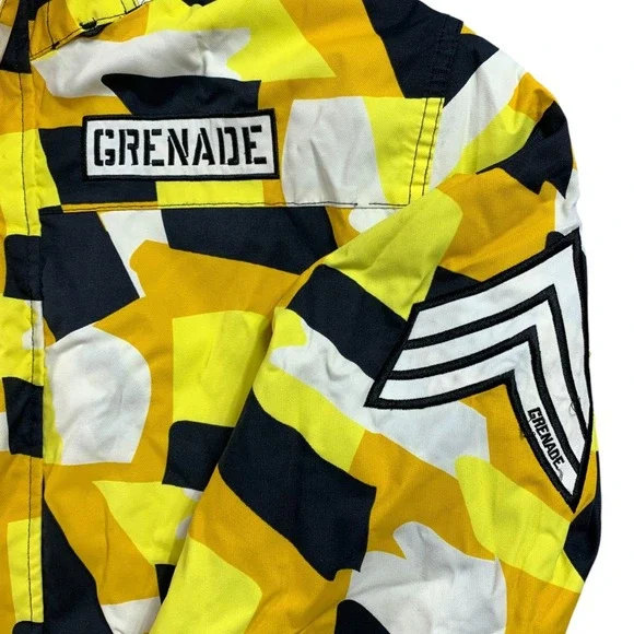 Grenade Snowboard Jacket Mens M Yellow Camo Hooded Insulated Parka Full Zip Snap - Picture 2 of 15